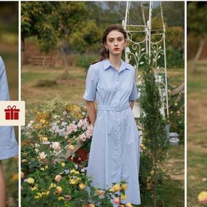 Blue Button-down Belted Simple Retro Dress NWT